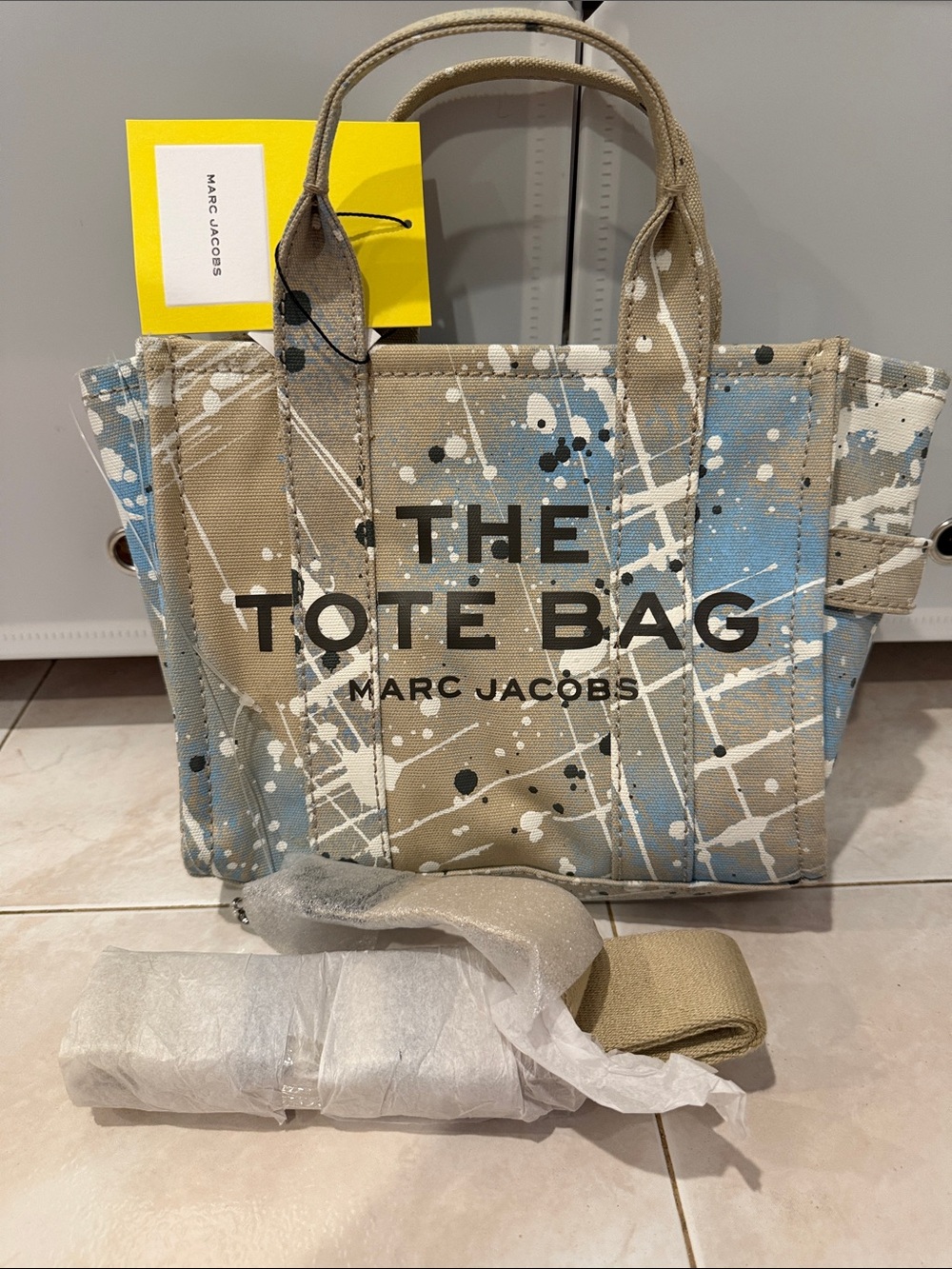 NWT Marc Jacobs The Tote Bag - Tan with Blue & White Paint Splatter